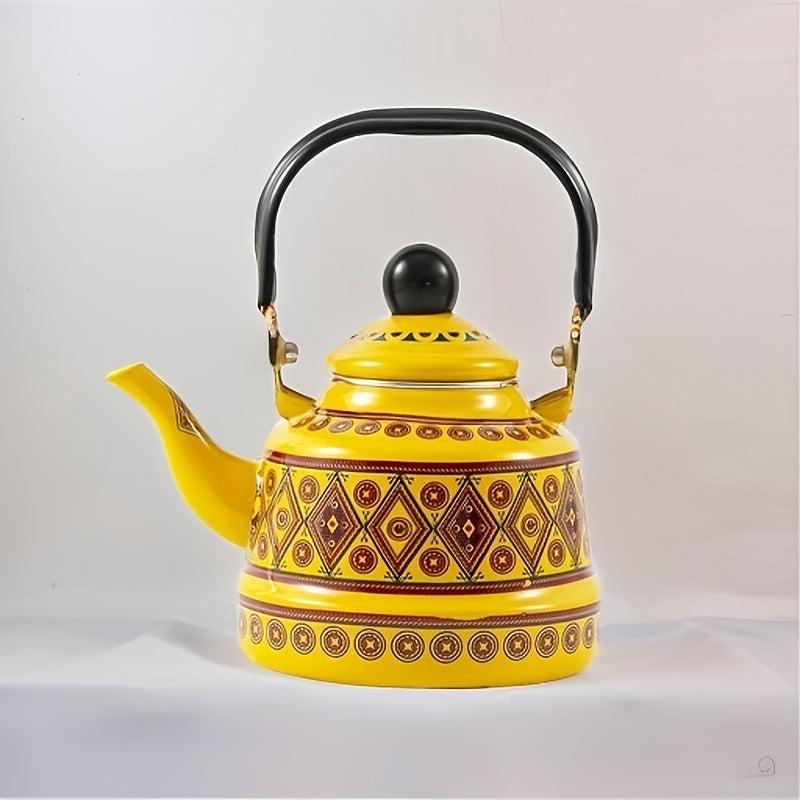 Vintage Enamel Teapot 48oz Stovetop Kettle Geometric Pattern English Kettle