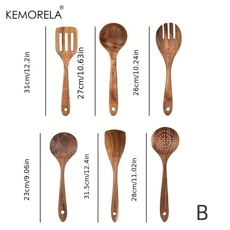 6pcs Teak Wood Kitchen Utensils - Wooden Frying Turner Spatula Ladle