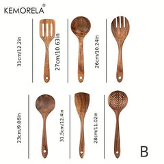 6pcs Teak Wood Kitchen Utensils - Wooden Frying Turner Spatula Ladle