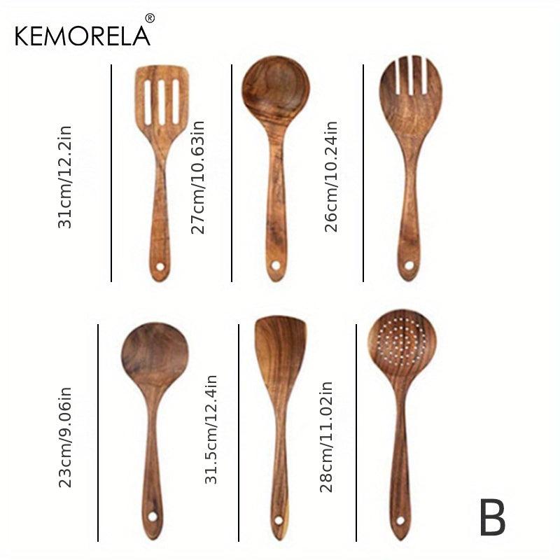 6pcs Teak Wood Kitchen Utensils - Wooden Frying Turner Spatula Ladle
