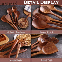 6pcs Teak Wood Kitchen Utensils - Wooden Frying Turner Spatula Ladle