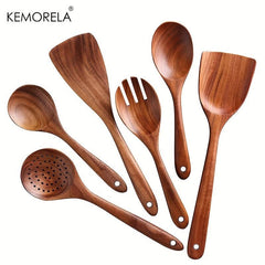 6pcs Teak Wood Kitchen Utensils - Wooden Frying Turner Spatula Ladle