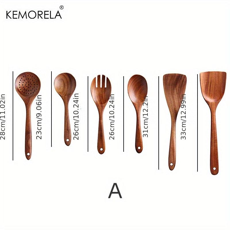 6pcs Teak Wood Kitchen Utensils - Wooden Frying Turner Spatula Ladle