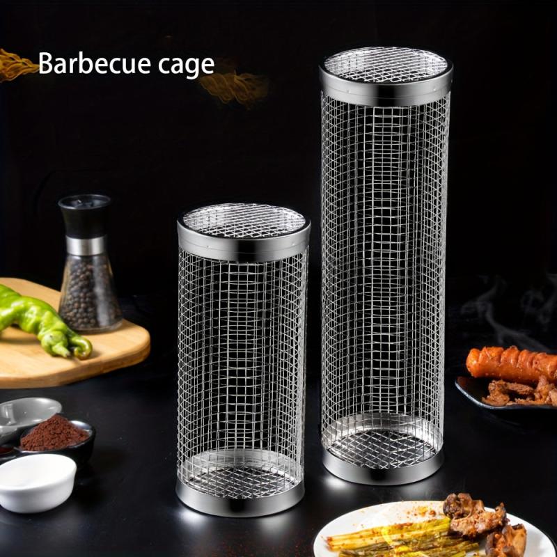 Stainless Steel Mesh Drum Grill Basket Non-stick Reusable Round