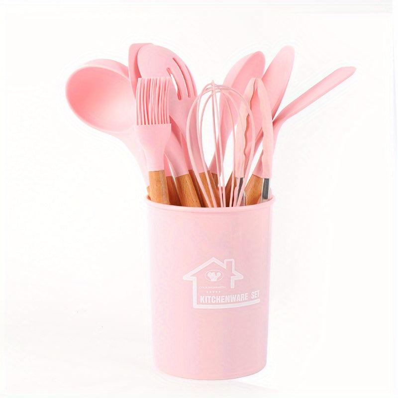 12pcs Silicone Utensil Set-Wooden Handle Heat Resistant Nonstick