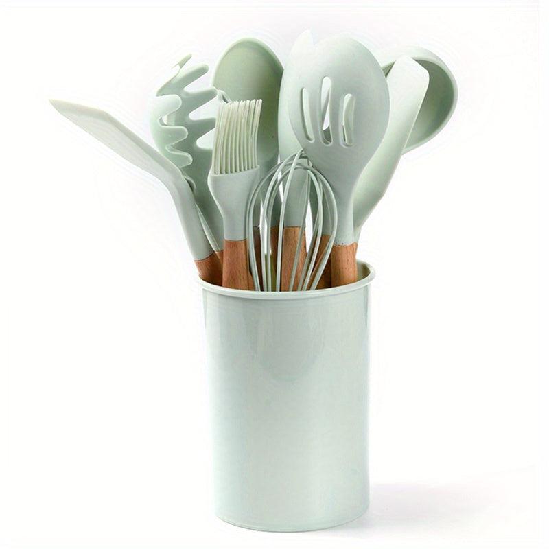 12pcs Silicone Utensil Set-Wooden Handle Heat Resistant Nonstick