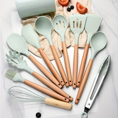 12pcs Silicone Utensil Set-Wooden Handle Heat Resistant Nonstick