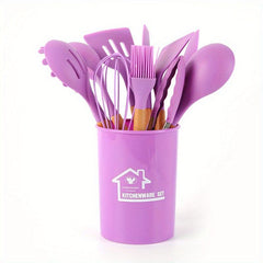 12pcs Silicone Utensil Set-Wooden Handle Heat Resistant Nonstick