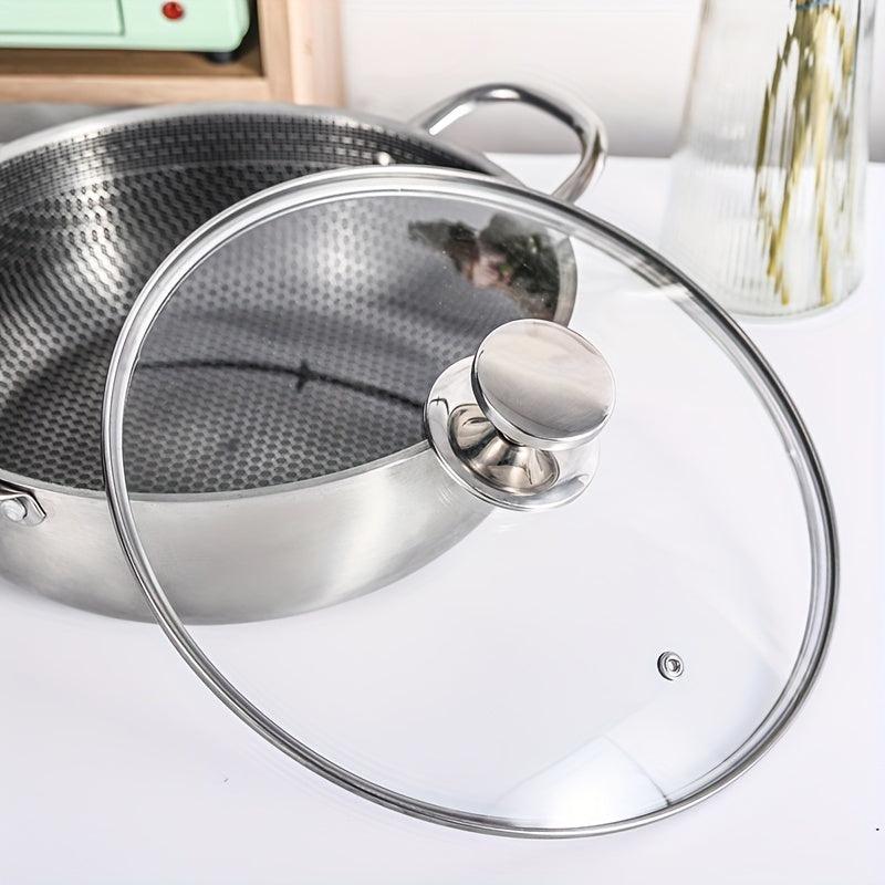Non Stick Wok 30cm Stainless Steel Glass Lid Frying Pan