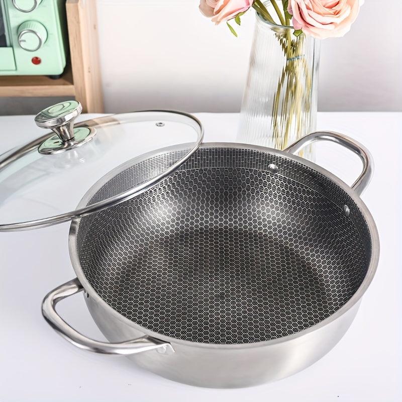 Non Stick Wok 30cm Stainless Steel Glass Lid Frying Pan
