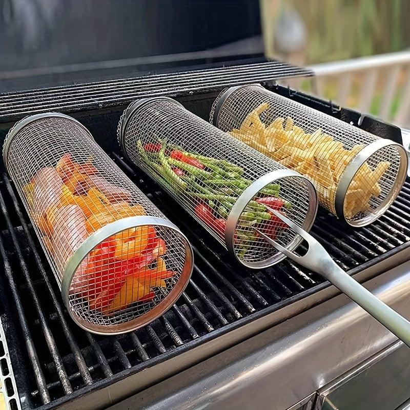 3PCS BBQ Grill Kit Round Barbecue Cage Outdoor Smoker Portable Net Roller