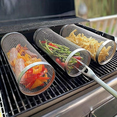 3PCS BBQ Grill Kit Round Barbecue Cage Outdoor Smoker Portable Net Roller