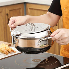 Stainless Steel Deep Fryer Pan with Thermometer Lid and Rack