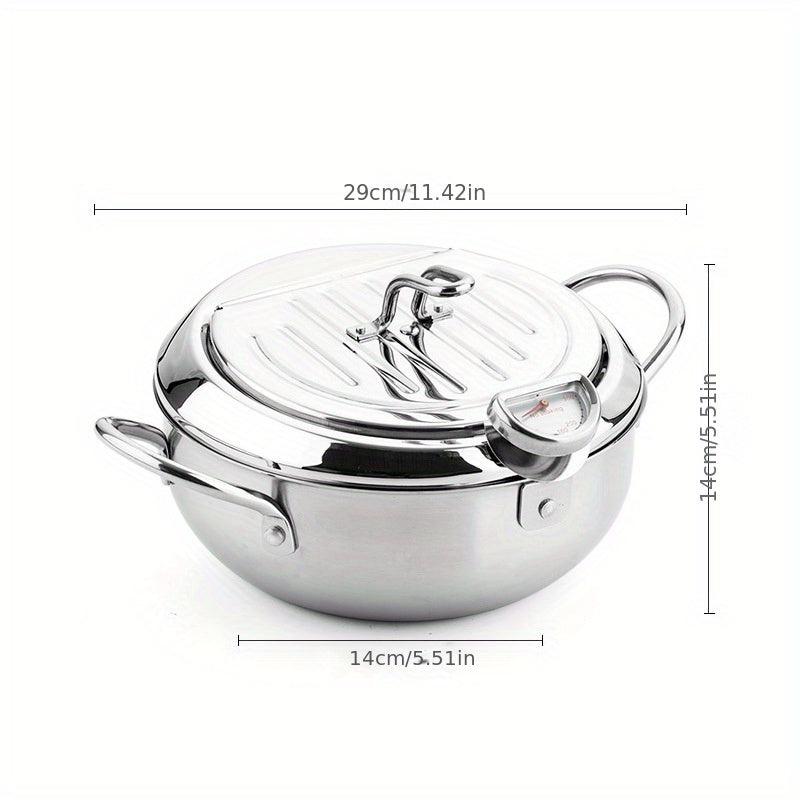 Stainless Steel Deep Fryer Pan with Thermometer Lid and Rack