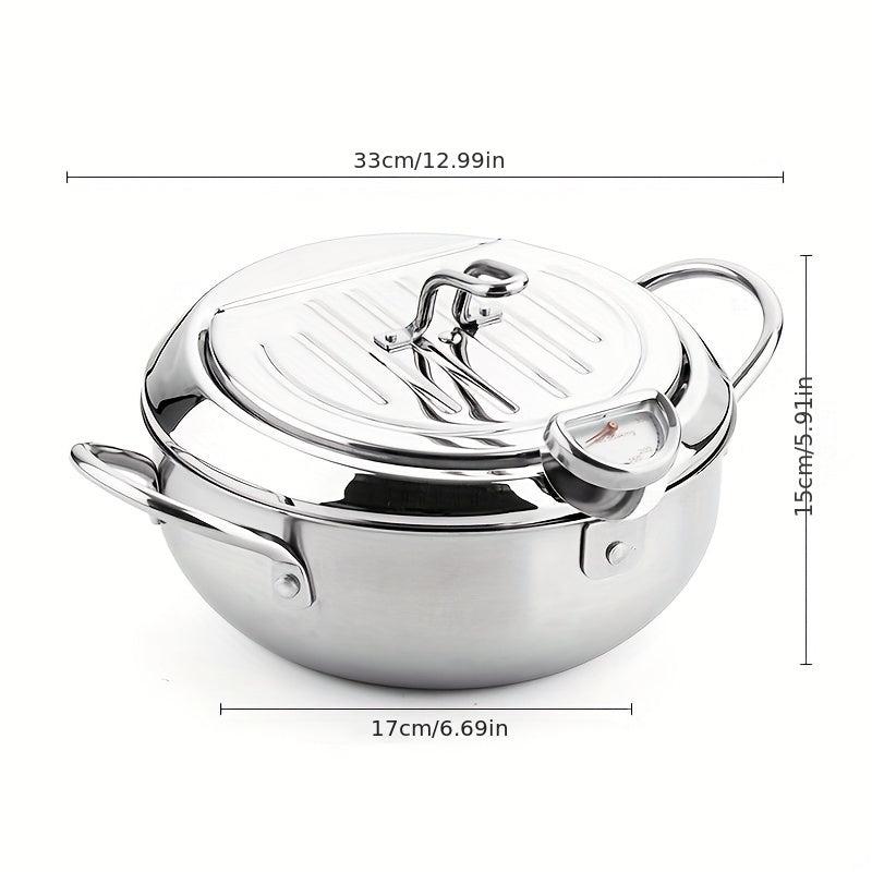 Stainless Steel Deep Fryer Pan with Thermometer Lid and Rack