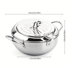 Stainless Steel Deep Fryer Pan with Thermometer Lid and Rack