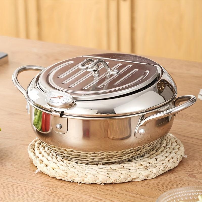 Stainless Steel Deep Fryer Pan with Thermometer Lid and Rack