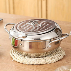 Stainless Steel Deep Fryer Pan with Thermometer Lid and Rack