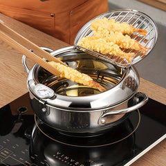 Stainless Steel Deep Fryer Pan with Thermometer Lid and Rack
