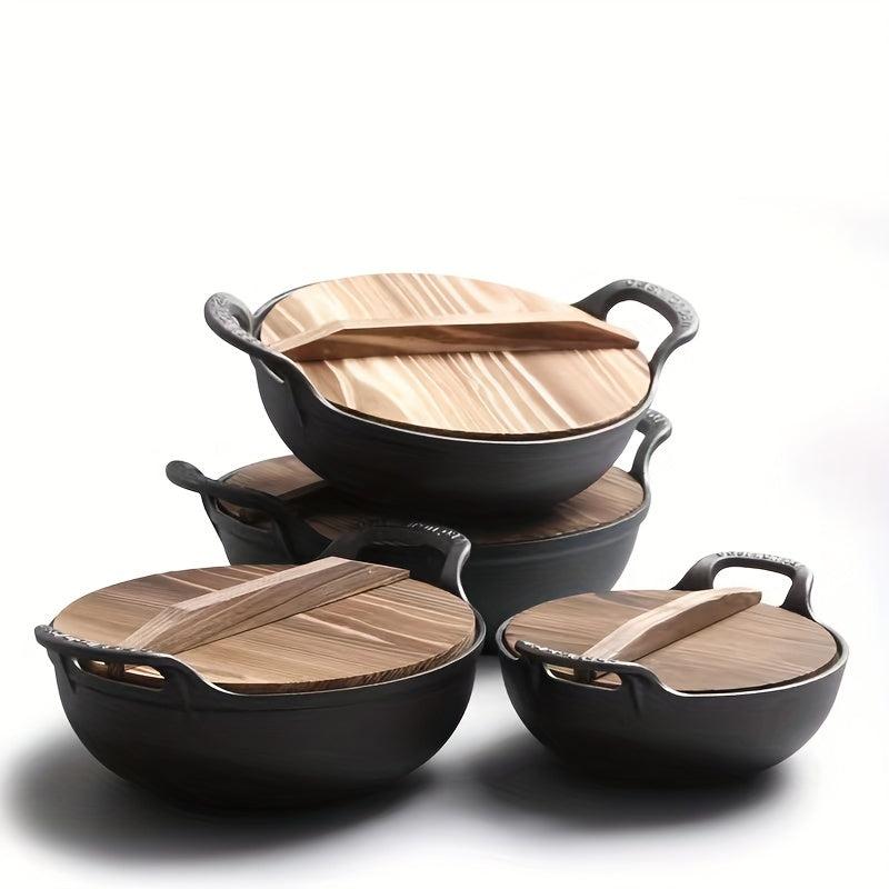 Traditional Chinese Wok With Wooden Lid Non Stick Cooking Pot Cast Iron Pan
