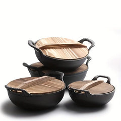 Traditional Chinese Wok With Wooden Lid Non Stick Cooking Pot Cast Iron Pan