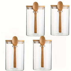 Set of 4 Glass Jars with Lids & Spoons for Kitchen Storage