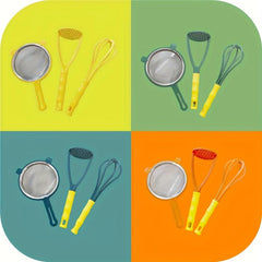 3pcs Kitchen Gadget Set - Fine Mesh Sifter, Egg Whisk, Potato Smasher