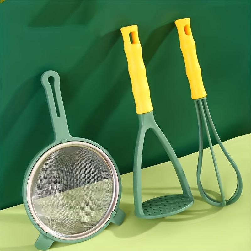 3pcs Kitchen Gadget Set - Fine Mesh Sifter, Egg Whisk, Potato Smasher