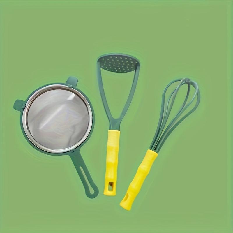 3pcs Kitchen Gadget Set - Fine Mesh Sifter, Egg Whisk, Potato Smasher
