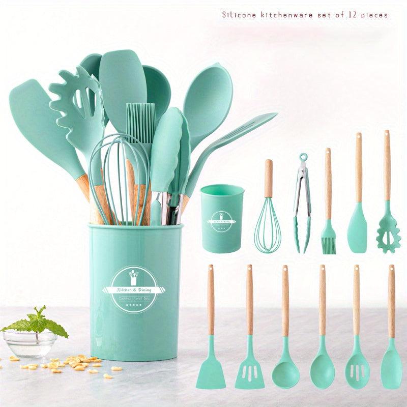 12PCS Silicone Kitchenware Wooden Handle Cooking Tools Set