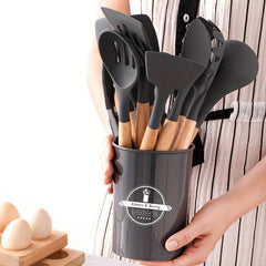 12PCS Silicone Kitchenware Wooden Handle Cooking Tools Set