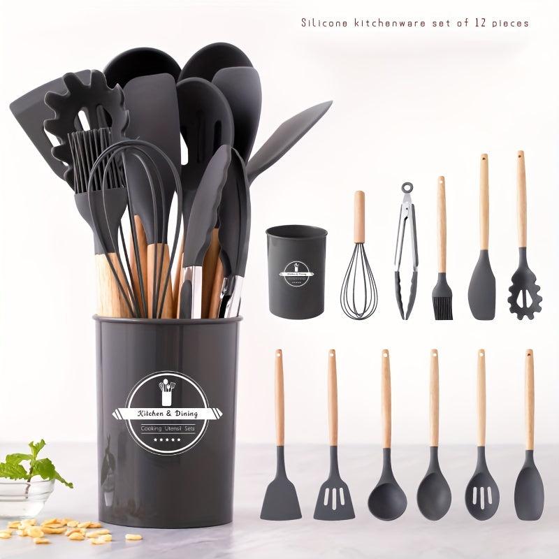12PCS Silicone Kitchenware Wooden Handle Cooking Tools Set