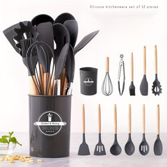 12PCS Silicone Kitchenware Wooden Handle Cooking Tools Set