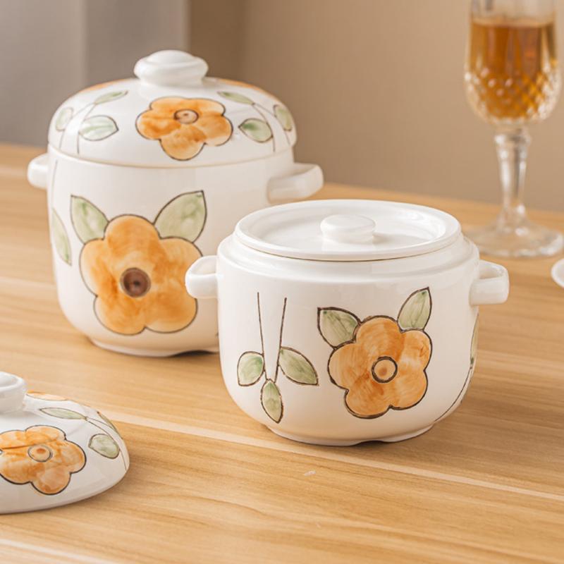 Ceramic Stew Pot Double Lid Soup Bowl Stew Jar Kitchen Supplies