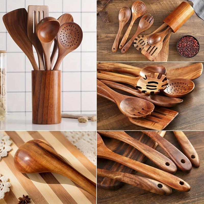 7pcs Wooden Cookware Set Teak Wooden Utensils Spatula Pasta Server Kitchen Utens