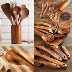 7pcs Wooden Cookware Set Teak Wooden Utensils Spatula Pasta Server Kitchen Utens