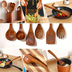 7pcs Wooden Cookware Set Teak Wooden Utensils Spatula Pasta Server Kitchen Utens