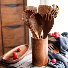 7pcs Wooden Cookware Set Teak Wooden Utensils Spatula Pasta Server Kitchen Utens