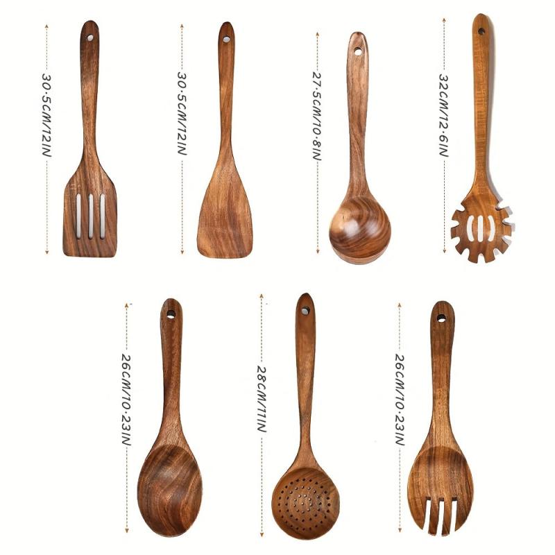 7pcs Wooden Cookware Set Teak Wooden Utensils Spatula Pasta Server Kitchen Utens