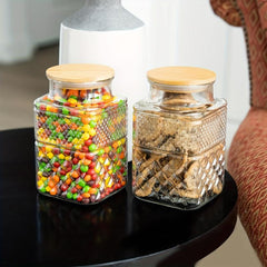 Large Glass Jar With Bamboo Lid Vintage Pattern