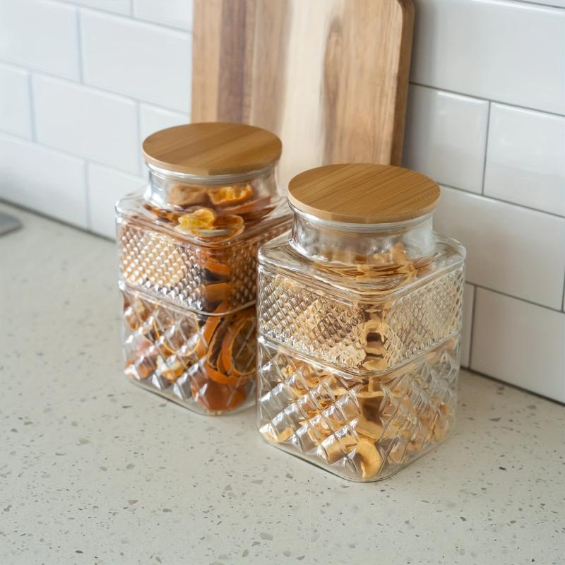 Large Glass Jar With Bamboo Lid Vintage Pattern
