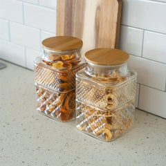 Large Glass Jar With Bamboo Lid Vintage Pattern