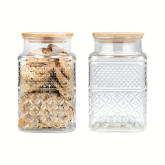 Large Glass Jar With Bamboo Lid Vintage Pattern