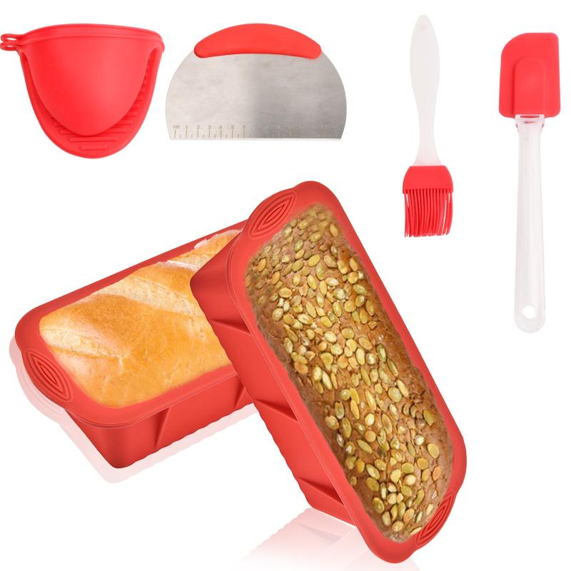7pc Silicone Baking Mould Set + Oven Mitts, Brush, Spatula, Scraper, 2 Loaf Moul