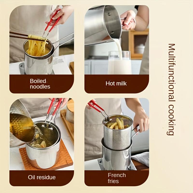 Stainless Steel Tempura Frying Pot with Strainer Basket and Tong
