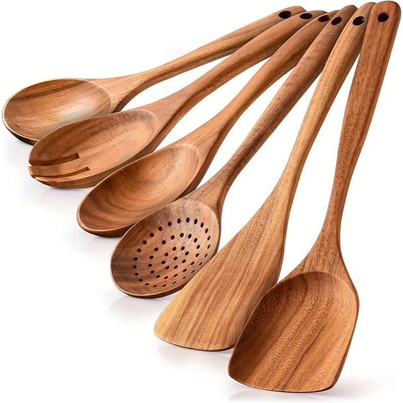 6 Pcs Teak Wooden Spoons Smooth Finish Non Stick Utensils