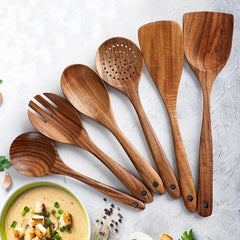 6 Pcs Teak Wooden Spoons Smooth Finish Non Stick Utensils