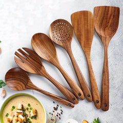 6 Pcs Teak Wooden Spoons Smooth Finish Non Stick Utensils