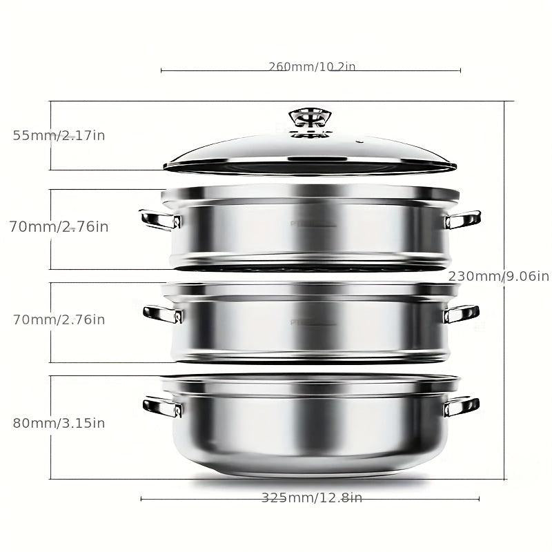 3 Tier Steamer Pot With Lid Stainless Steel 25x23cm Kitchen Utensils