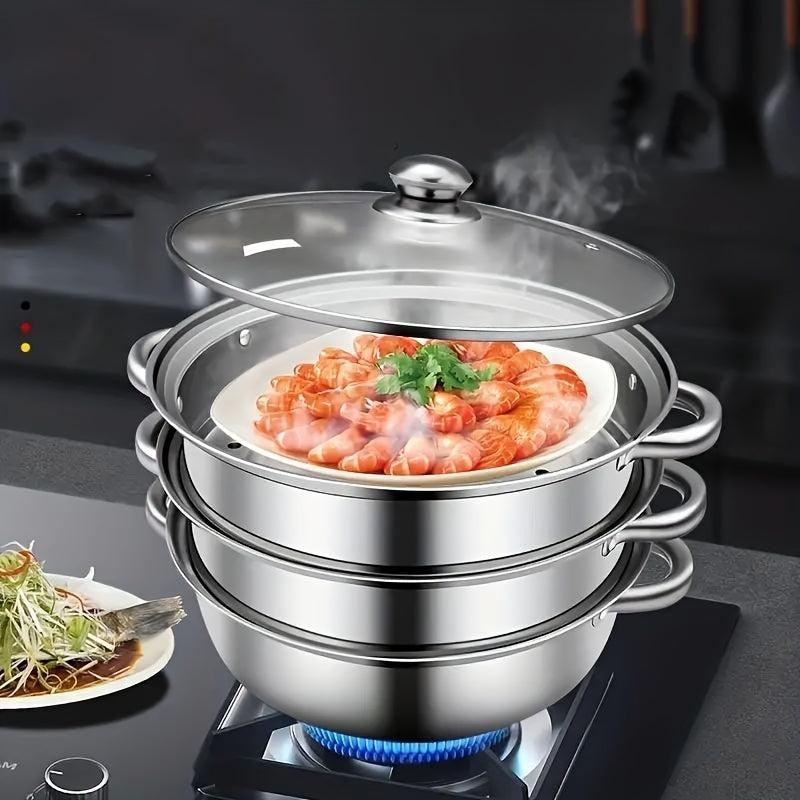 3 Tier Steamer Pot With Lid Stainless Steel 25x23cm Kitchen Utensils